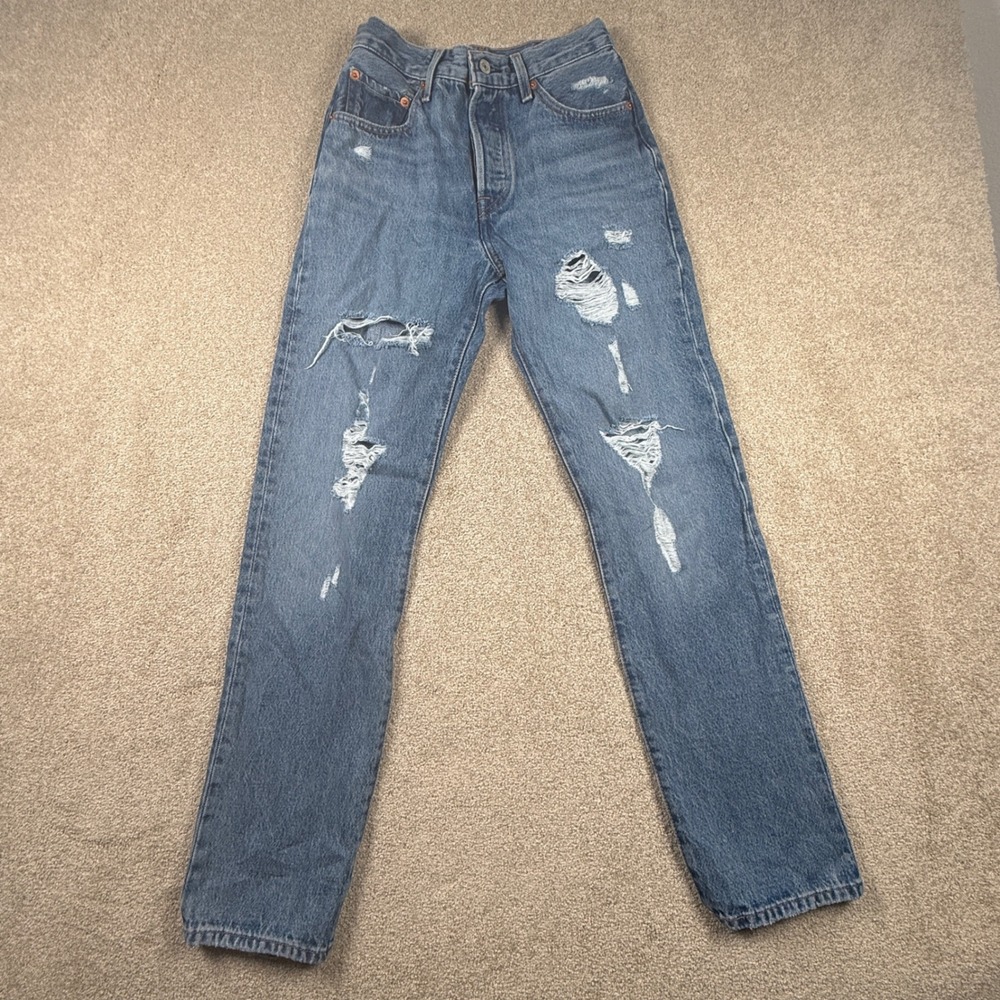 Levisโ 501 Original Fit Distressed High Rise Straight Leg Blue Denim Jeans 25
